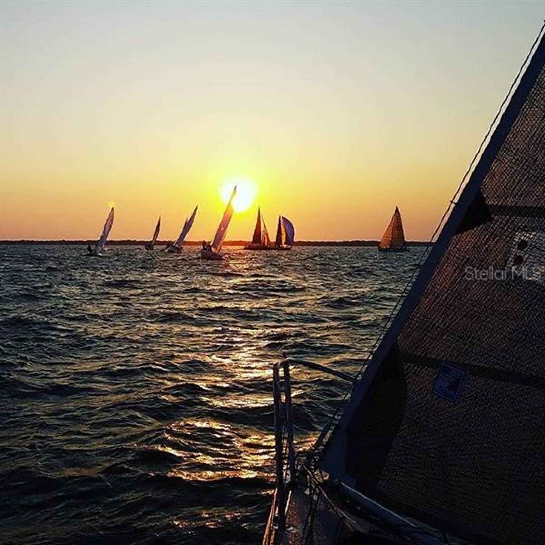 Sunset sailboat racing on Tampa Bay