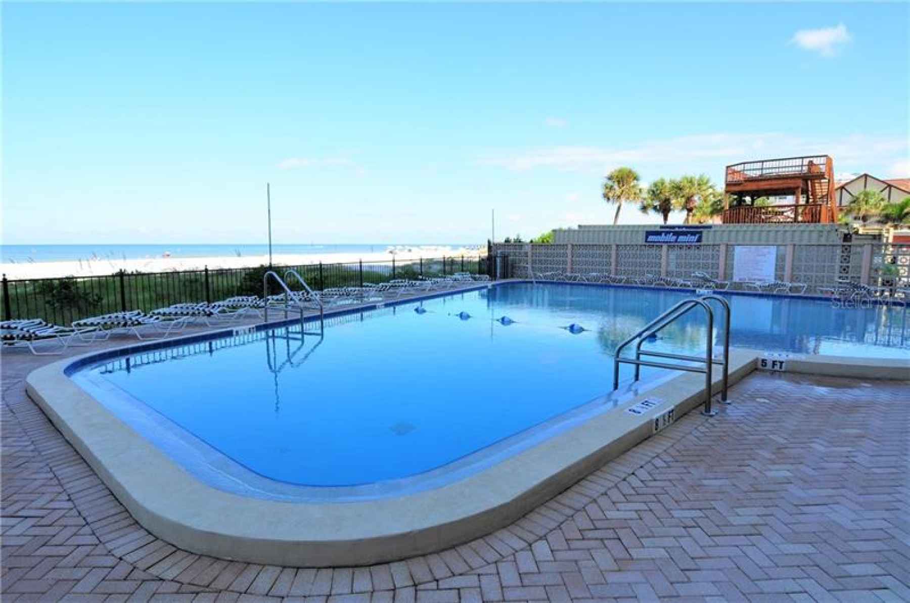 Salt water pool with plenty of surrounding space for relaxing and sun.