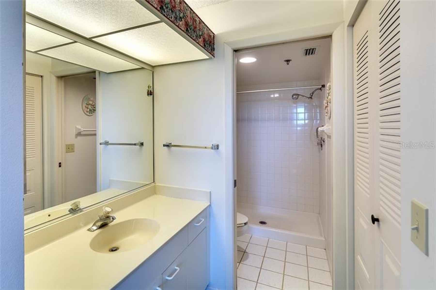 Master bathroom has a shower with small lip for ease of use.
