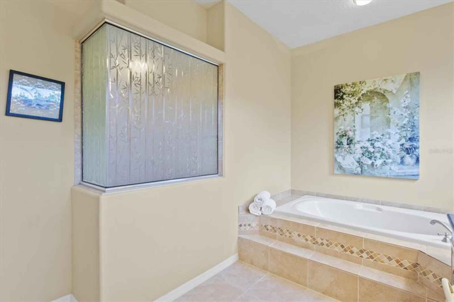 Master bath, garden tub & Roman shower.