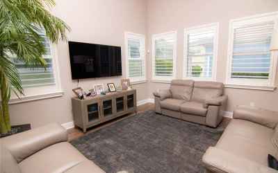 family room with plantation shutters