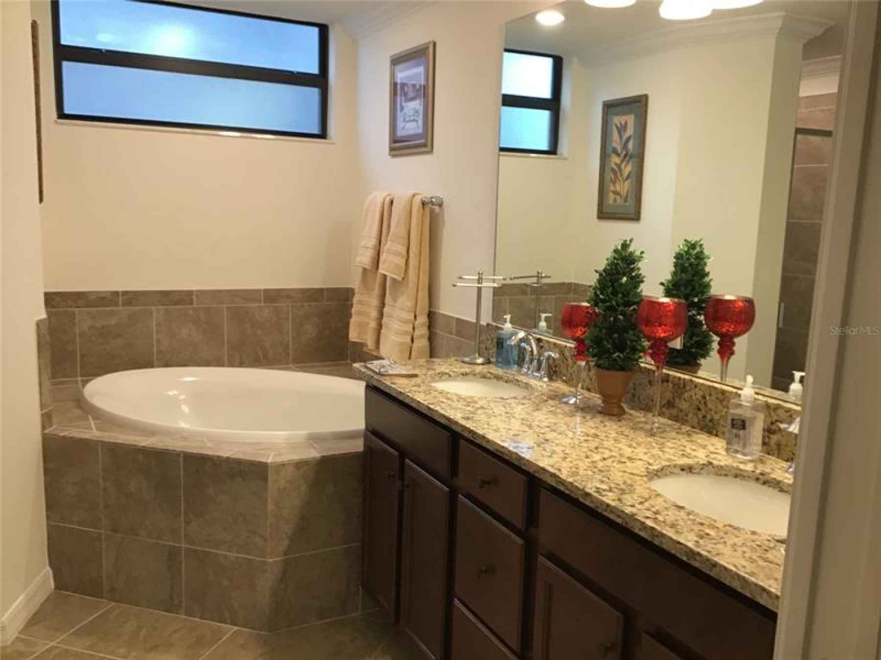 master bathroom with sunken tub and walk in shower