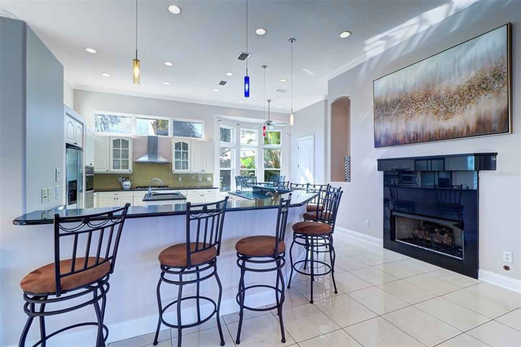 Large kitchen with gas fireplace