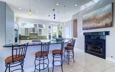 Large kitchen with gas fireplace