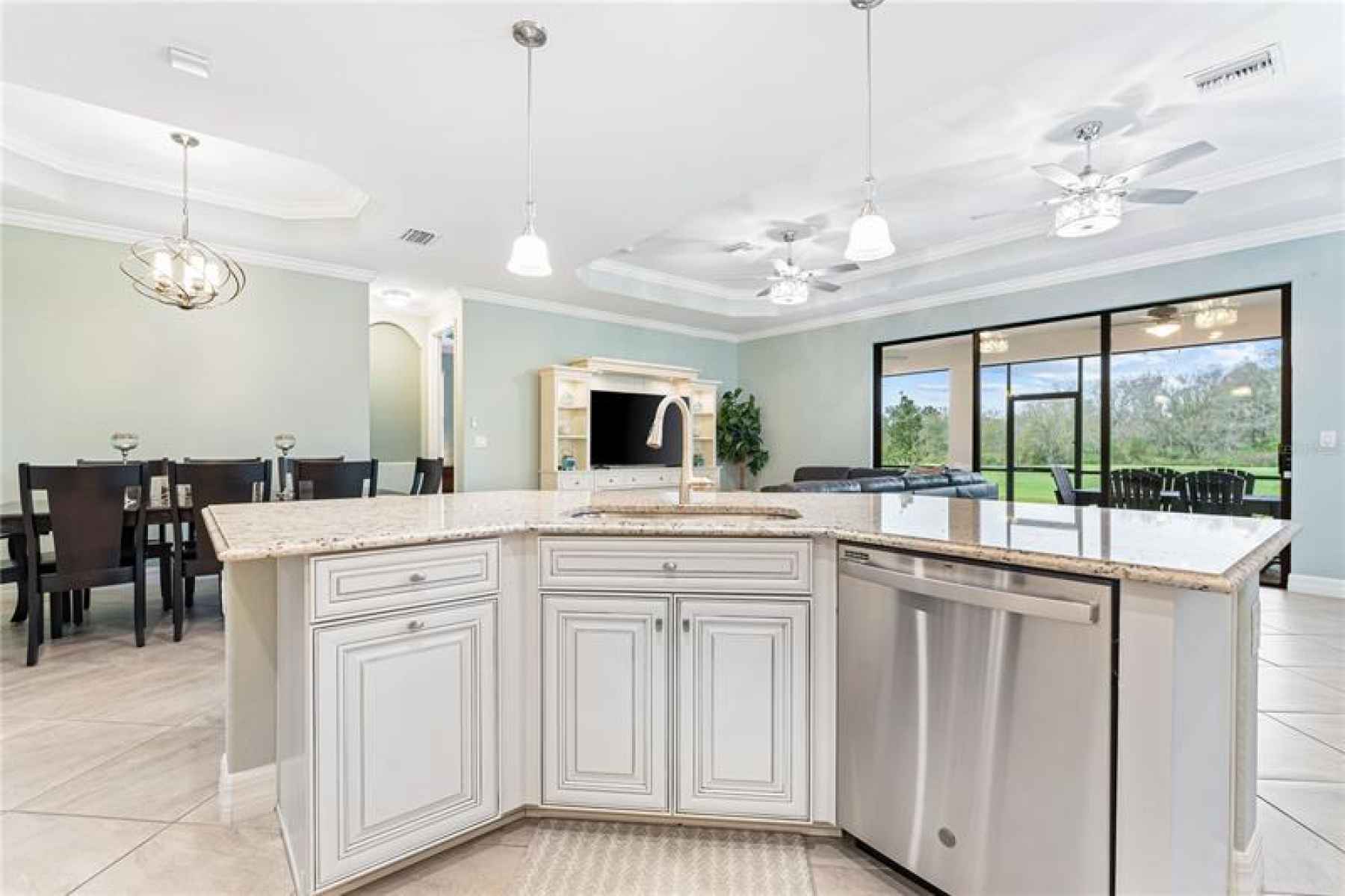 Kitchen overlooking family and dining area.