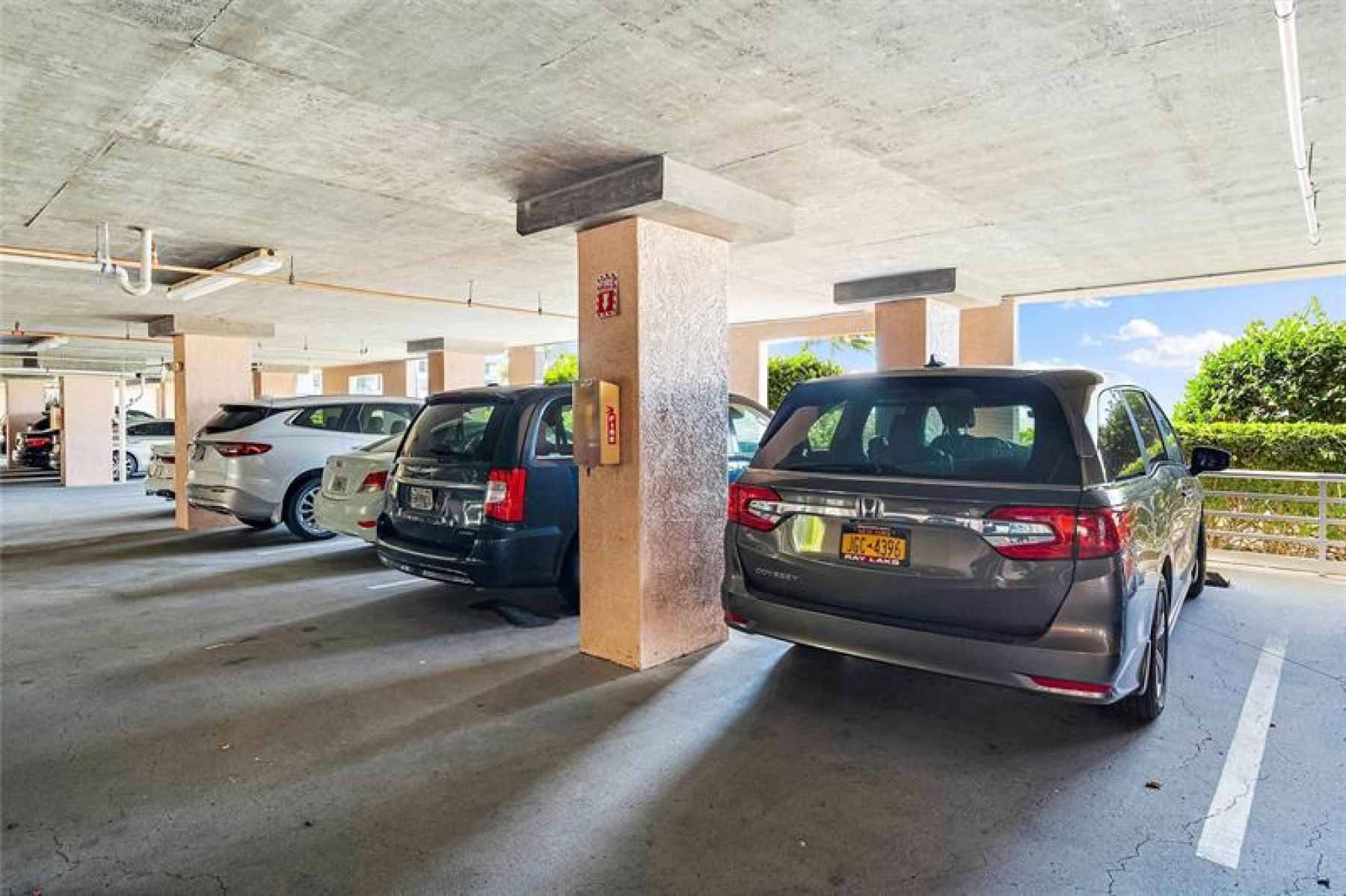 Parking space under building.