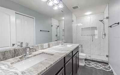 Master bathroom features modern double vanities