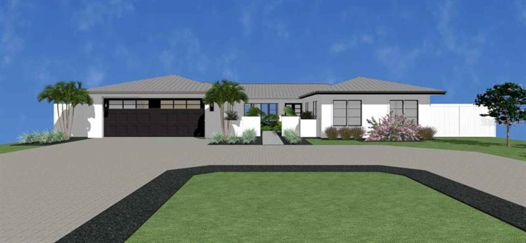 Front Landscape and Driveway Rendering. Buyers will customize to their taste and needs.