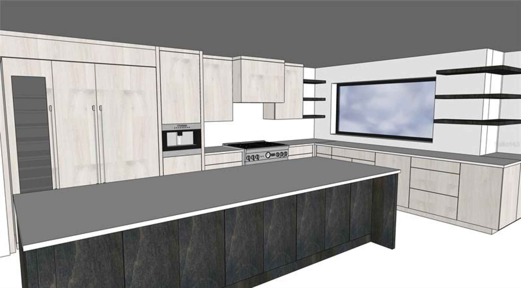 Sketch of layout for custom high end cabinetry kitchen with Thermador Appliance Package